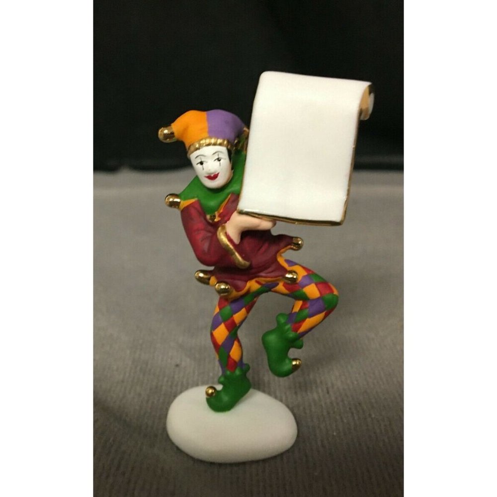 Dept 56 Heritage Village Collection "Hear Ye, Hear Ye" Harlequin w Banner 1999